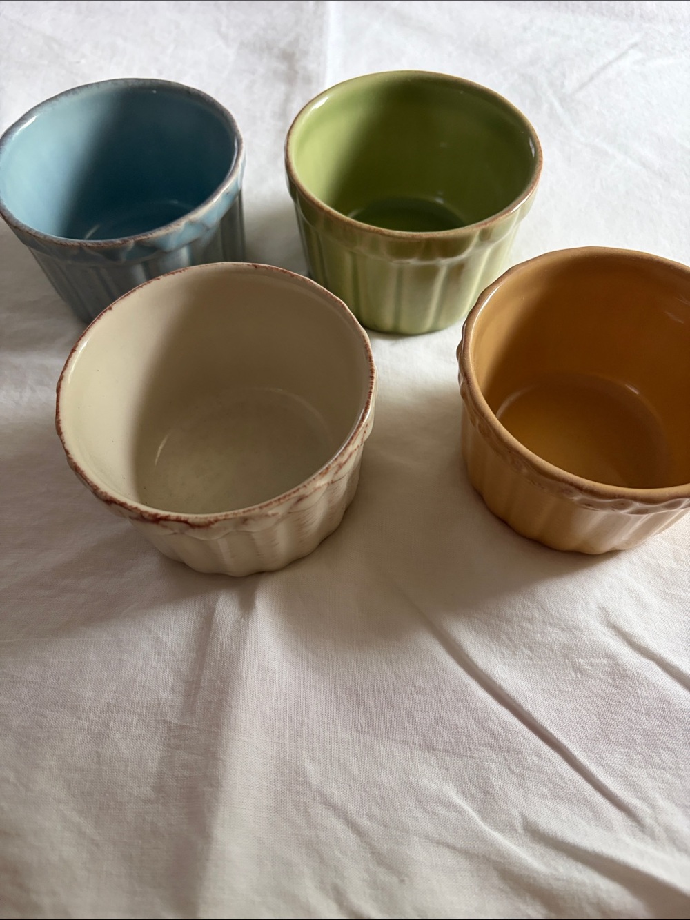 Set of 4 Ceramic Ramekins in Blue, Green, Cream & Mustard